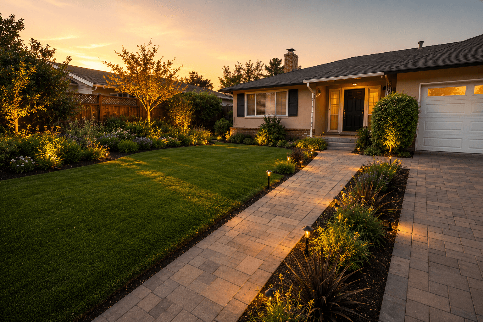 The same front yard after E-Care Pro Landscaping transformation — lush lawn, new paver walkway and planting
