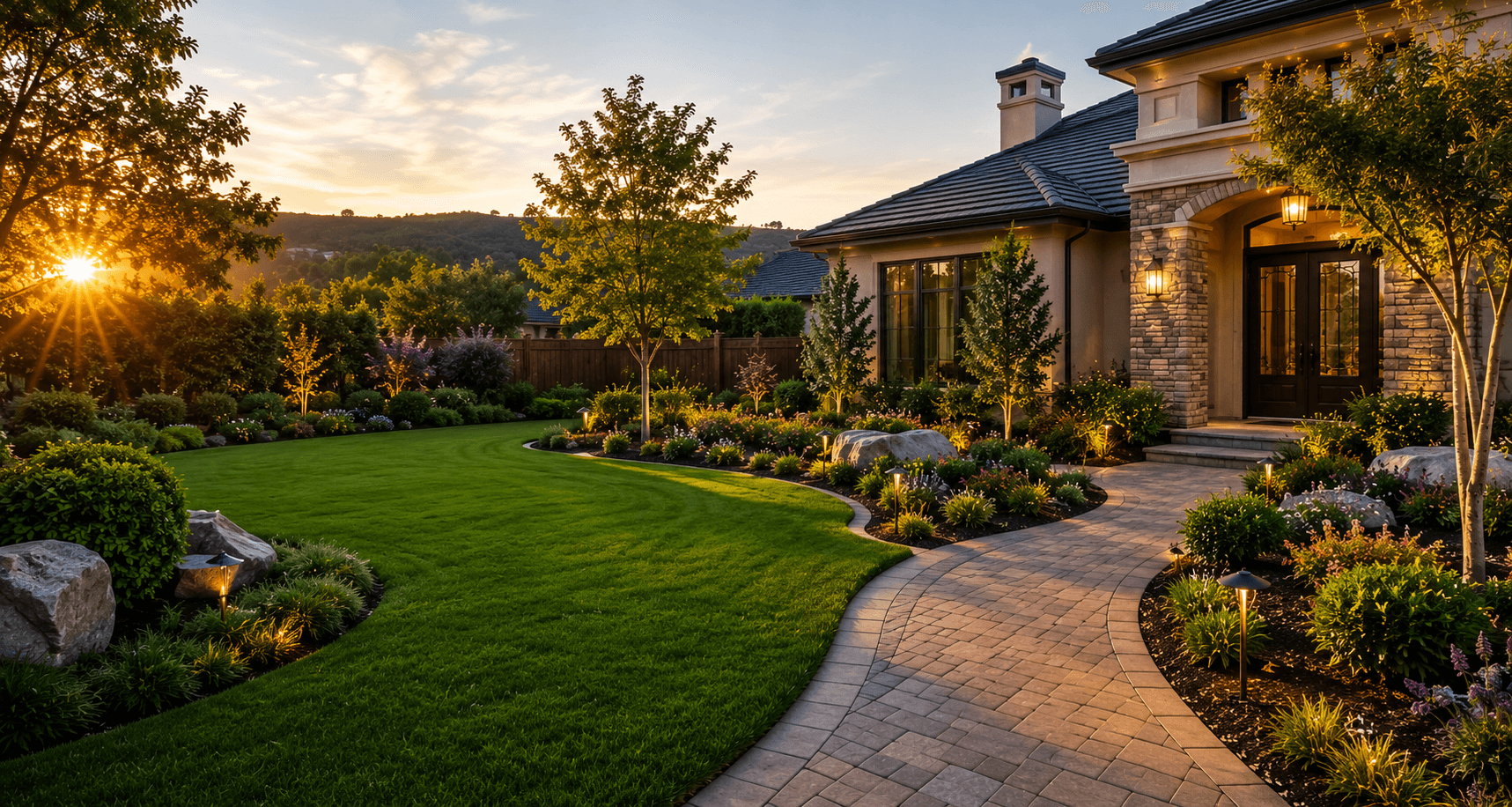 Luxury California residential property with manicured lawn, custom paver walkway, and premium landscaping at golden hour in Contra Costa County